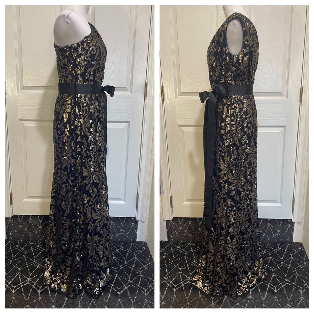 Tadashi Shoji One-Shoulder Dress in Black and Gold - Picture 3 of 8